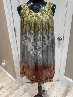 Boho Ombre Sleeveless Tunic Dress in Yellow, Gray & Rust